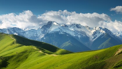 verdant hills leading to snowy mountain peaks under cloudy sky in sunny day