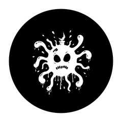 Abstract representation of an aggressive virus monster symbol with dripping liquid in circular format black backdrop