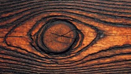 Fototapeta premium Close-up of a dark-brown wooden plank with a knot