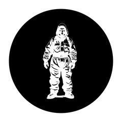 Isolated hazmat suit against a black circle background symbolizes safety protocols and health emergency response readiness