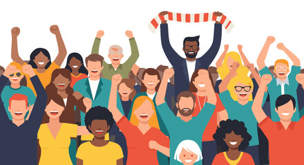 Enthusiastic Crowd Cheering and Celebrating a Victory, Diverse Group Raising Arms in Joyful Unity, Illustration of Community Support and Positive