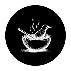 A whimsical black and white illustration showcasing a bird taking a bath in a soup bowl with a spoon