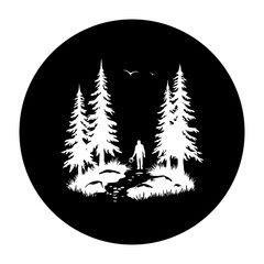 Minimalist silhouette illustration depicting a solitary figure walking through a forest landscape with pine trees and birds