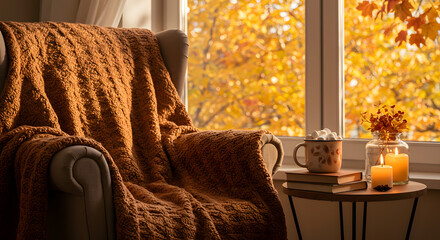 Cozy autumn scene featuring warm blankets, beverages and candles for a comforting ambiance