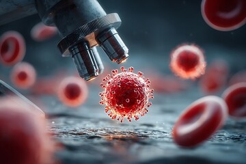 Microscope examining a virus particle with red blood cells in a laboratory setting