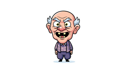 Cartoonish depiction of an elderly man with exaggerated features and a grumpy expression stands isolated