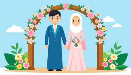 Muslim Wedding Ceremony: Cartoon Couple Under Floral Arch