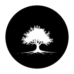 Elegant white tree silhouette in black circle symbolizes nature growth life and strength simple design representing resilience