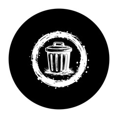 Trash can illustration art within distressed white circular frame against a black background for disposal