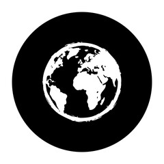 Stylized earth globe icon design representing world map continents in white on black circular background