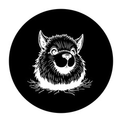 Whimsical wolf illustration in black and white, depicting expressive eyes and a captivating furry texture for design projects