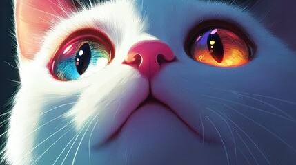 A whimsical white cat portrait with contrasting, otherworldly eyes.