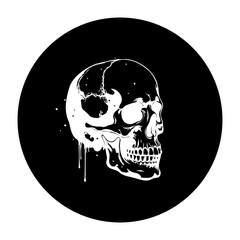 Stylized skull artwork isolated on a circular black background, suitable for posters and designs with its bold contrast