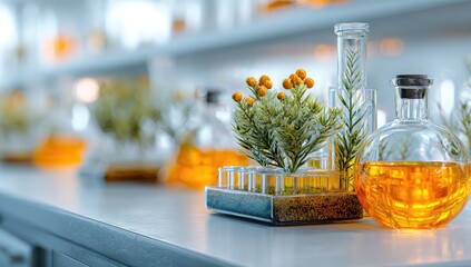 Lab bench with glassware and plants