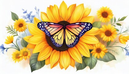 colorful butterfly on vibrant sunflower watercolor style
