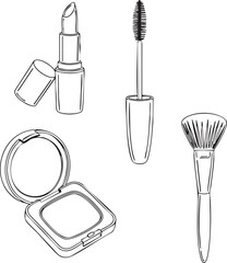 Lipstick, mascara and brush isolated on white background for makeup use