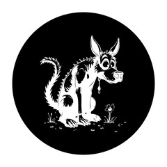 Cartoon dog with exaggerated features sitting on grass in black and white illustration artwork animal