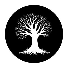 Stylized tree silhouette art in a circle emblem portraying nature life cycle and growth process for environment