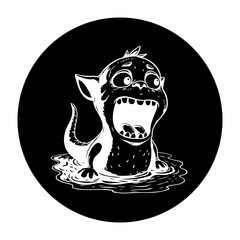 Cartoon illustration of a surprised monster in water with open mouth and water splash inside circle