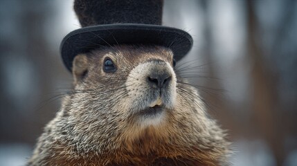 Groundhog Wearing Top Hat in Winter Wonderland