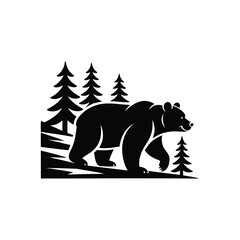 Obraz premium Bear walking through pine trees silhouette isolated on white background