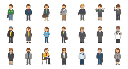 Diverse array of stylized professional figures, representing various occupations and roles in a business setting vector illustration