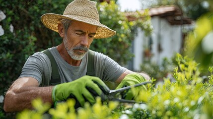Senior Man Gardening in Straw Hat and Gloves