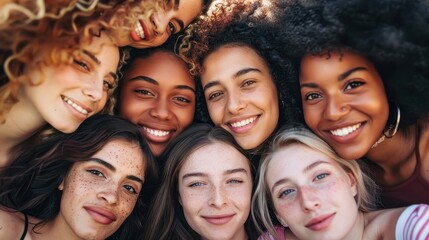 Obraz premium Smiling Diverse Young Women in Group Portrait, Celebrating Friendship and Togetherness