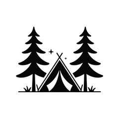 Camping tent between two pine trees silhouette isolated on white background