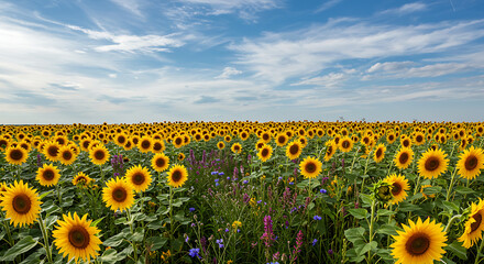 Obraz premium Expansive field of blooming golden sunflowers stretching to the horizon on a sunny day with a picturesque sky.