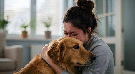 Fototapeta na wymiar Comforting embrace: A woman finds solace in her loyal golden retriever friend during a moment of
