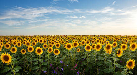 Obraz premium Panoramic landscape of a vibrant sunflower farm during a golden hour sunset with light clouds.