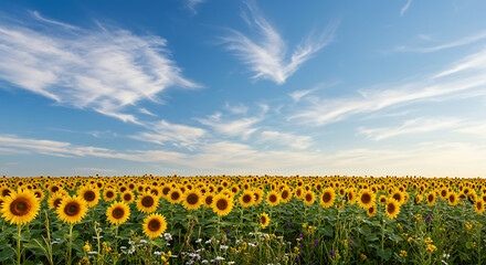 Obraz premium Scenic summer landscape with a vibrant field of blooming sunflowers against a beautiful blue sky background.