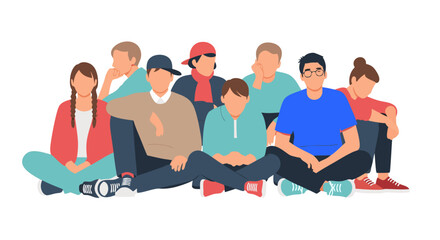 Diverse group of young adults sitting casually on the floor together in a relaxed formation