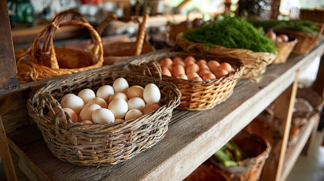 Fresh Farm Eggs in Rustic Market Baskets - Powered by Adobe