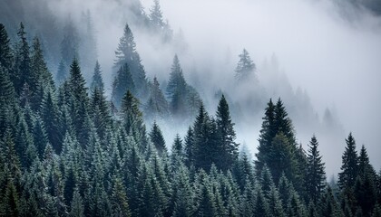 Obraz premium misty mountain forest trees enveloped in fog