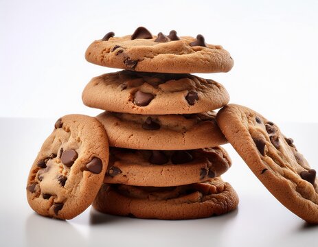 chocolate chip cookies stacked on white background