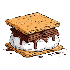 Sweet s'more dessert with marshmallow chocolate and cookies baked to perfection. Camping snack and baked sweet treat outlined in food art style.
