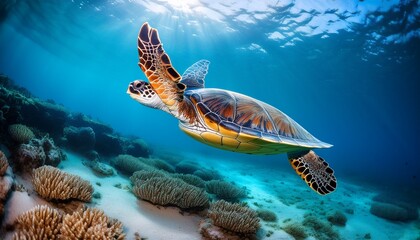 Obraz premium swimming sea turtle in clear ocean water underwater scene