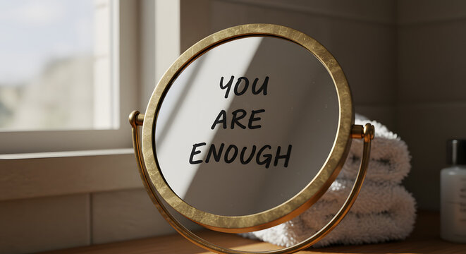 Affirming reflection: A vintage mirror displaying a message of self-acceptance and worthiness near