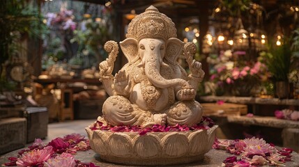Fototapeta premium Serene Ganesha Statue Surrounded by Petals in Tranquil Setting