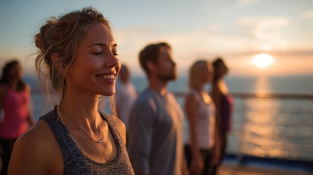 A group of smiling people participates in an early morning yoga class on the upper deck of a cruise ship. 