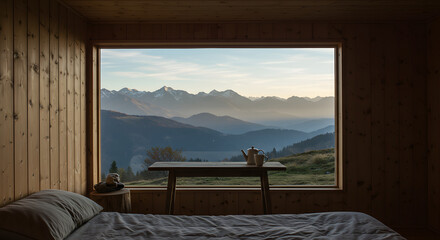 Serene morning view from wooden cabin overlooking mountain range and lush landscapes