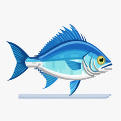 Stylized blue fish illustration with geometric patterns on a clean white background