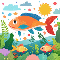 Charming cartoon illustration featuring vibrant fish swimming in a sunny underwater garden
