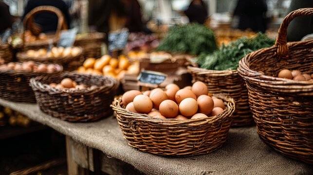 Fresh Farm Eggs in Rustic Market Baskets