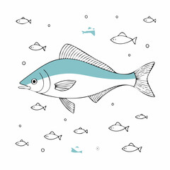 Stylized Fish Illustration Surrounded by Smaller Fish and Bubbles in a Clean Design