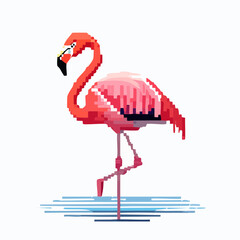 Pixelated Flamingo Stands Gracefully in Water, Showcasing Unique Digital Art Style