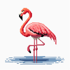 Pixelated pink flamingo standing gracefully in water, creating a retro and vibrant aesthetic