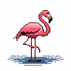 Pixelated flamingo on a white backdrop in water, showcasing retro gaming aesthetic